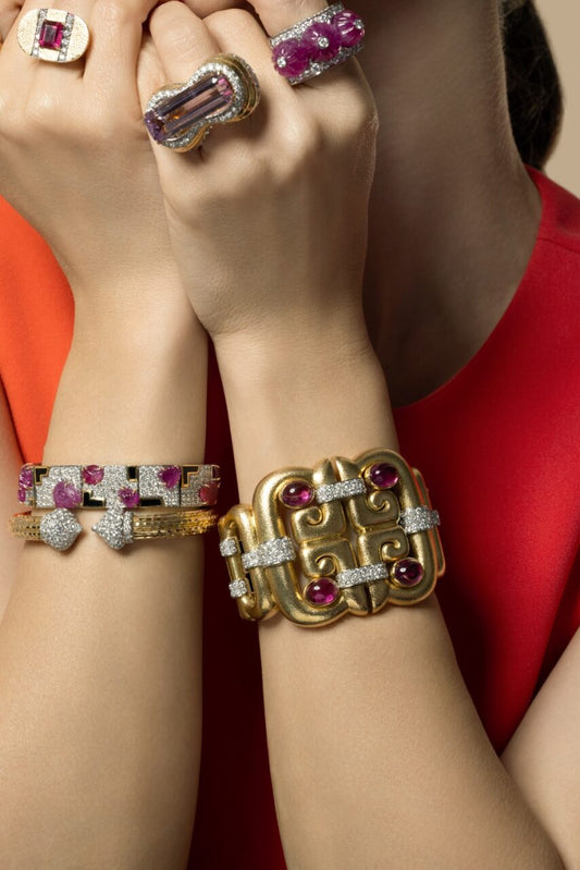 Diamond Rubellite Open Scroll Cuff Bracelet-YELLOW GOLD-JEWELRYFINE JEWELBRACELET O-DAVID WEBB