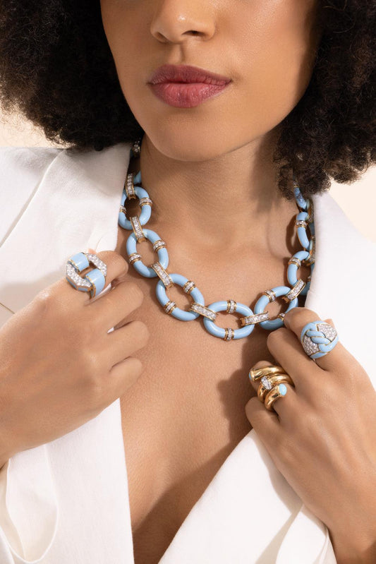 Diamond Light Blue Oval Link Necklace-YELLOW GOLD-JEWELRYFINE JEWELNECKLACE O-DAVID WEBB