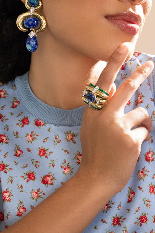 Sapphire Emerald Diamond Couture Ring-YELLOW GOLD-7.5-JEWELRYFINE JEWELRING-DAVID WEBB