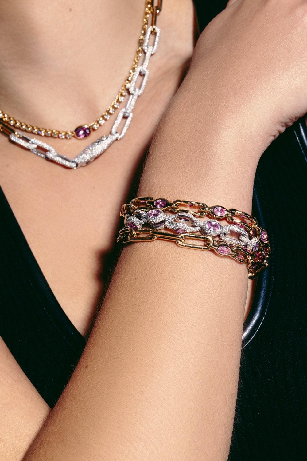 Pink Sapphire Diamond Heavy Bracelet-PLATINUM-7.5-JEWELRYFINE JEWELBRACELET O-UNIFORM OBJECT