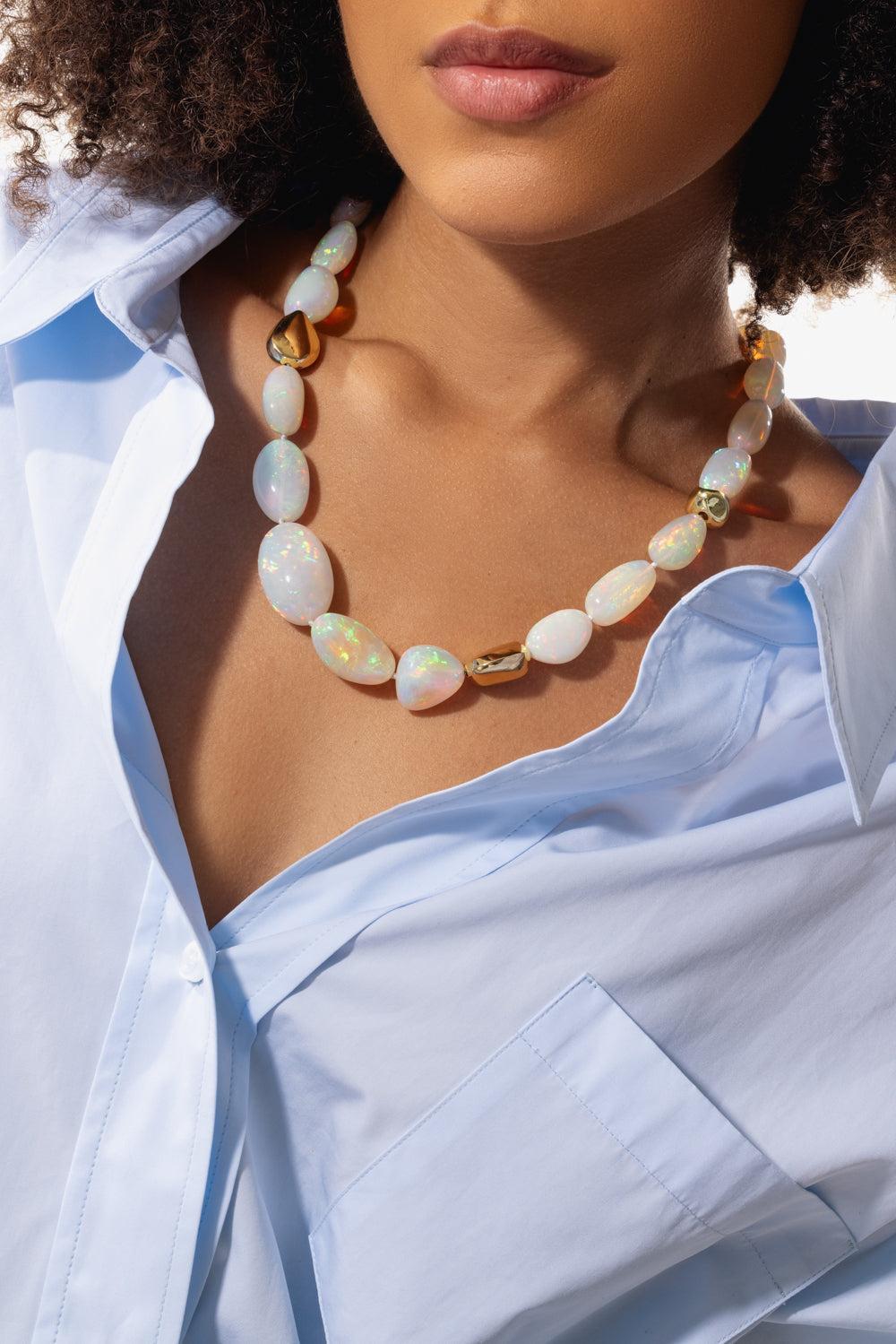 Ethiopian Opal Smooth Necklace-YELLOW GOLD-JEWELRYFINE JEWELNECKLACE O-VICTOR VELYAN