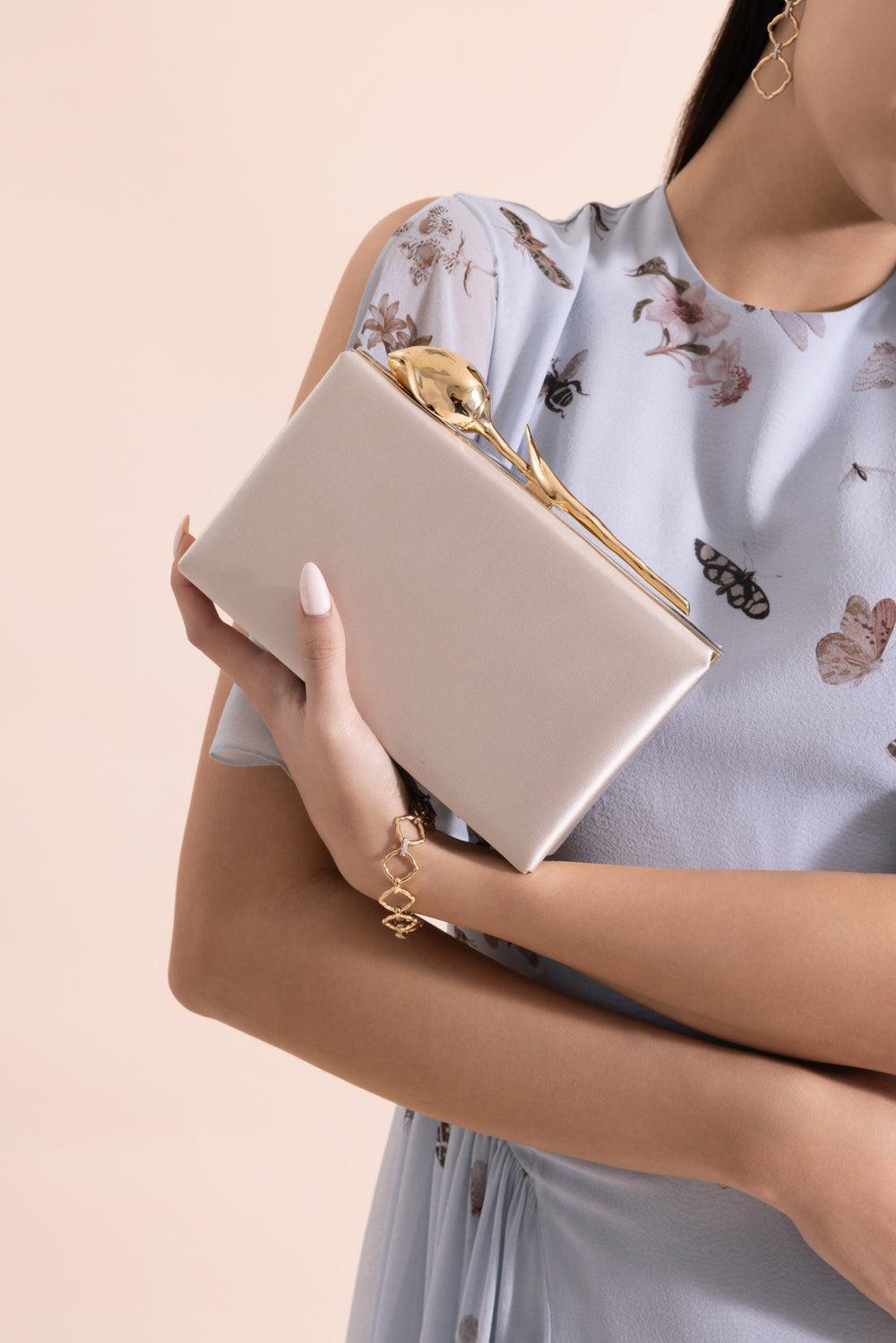 Bloom Clutch - Champagne Satin-CHAMPAGNE-HANDBAGCLUTCHES-ERDEM