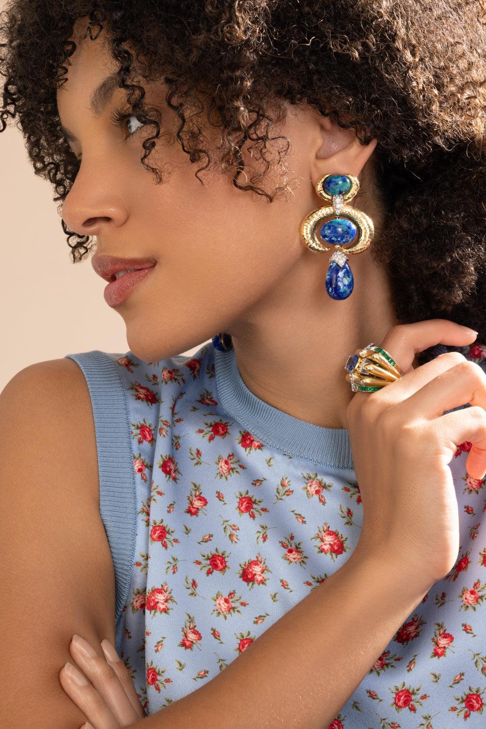 Azure Malachite Double Crescent Couture Earrings-YELLOW GOLD-JEWELRYFINE JEWELEARRING-DAVID WEBB