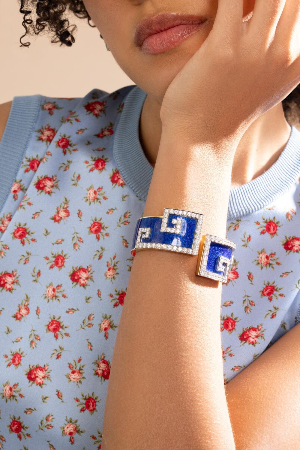 Diamond Royal Blue Scroll Cuff Bracelet-YELLOW GOLD-JEWELRYFINE JEWELBRACELET O-DAVID WEBB