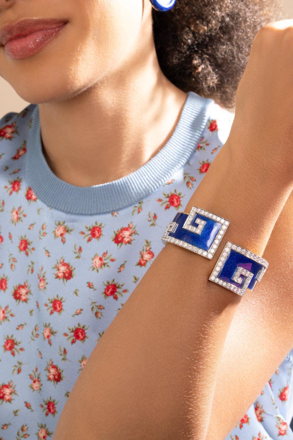 Diamond Royal Blue Scroll Cuff Bracelet-YELLOW GOLD-JEWELRYFINE JEWELBRACELET O-DAVID WEBB