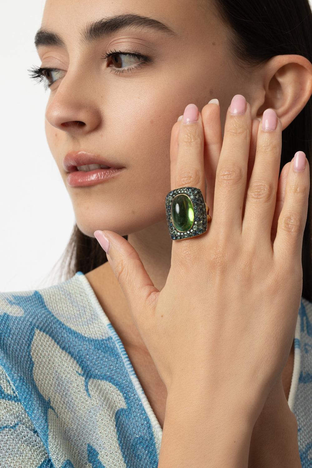 Green Sapphire Chrona UFO Ring-YELLOW GOLD-7-JEWELRYFINE JEWELRING-VRAM