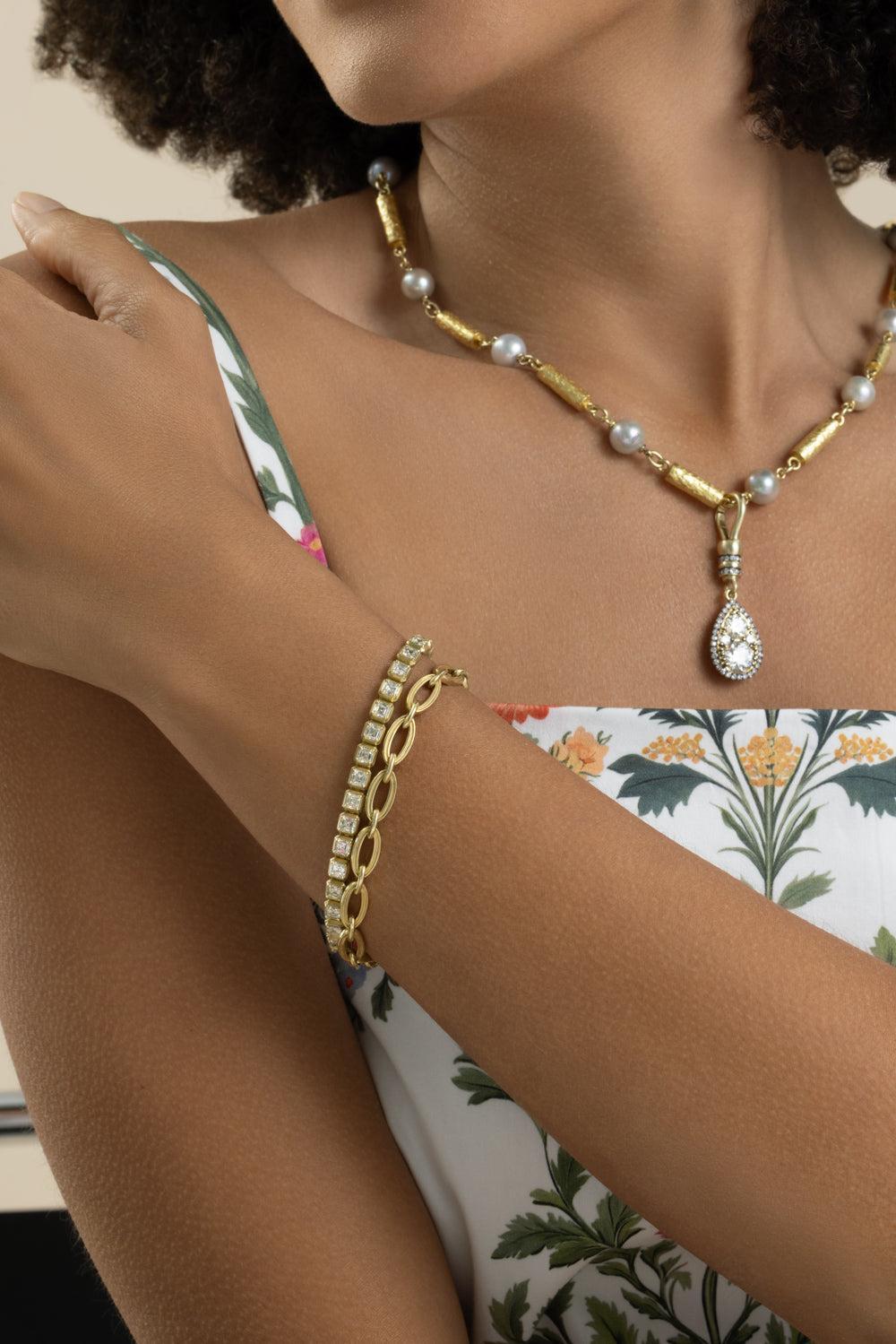 Diamond Asher Cut Tennis Bracelet-YELLOW GOLD-7-JEWELRYFINE JEWELBRACELET O-SYLVA & CIE