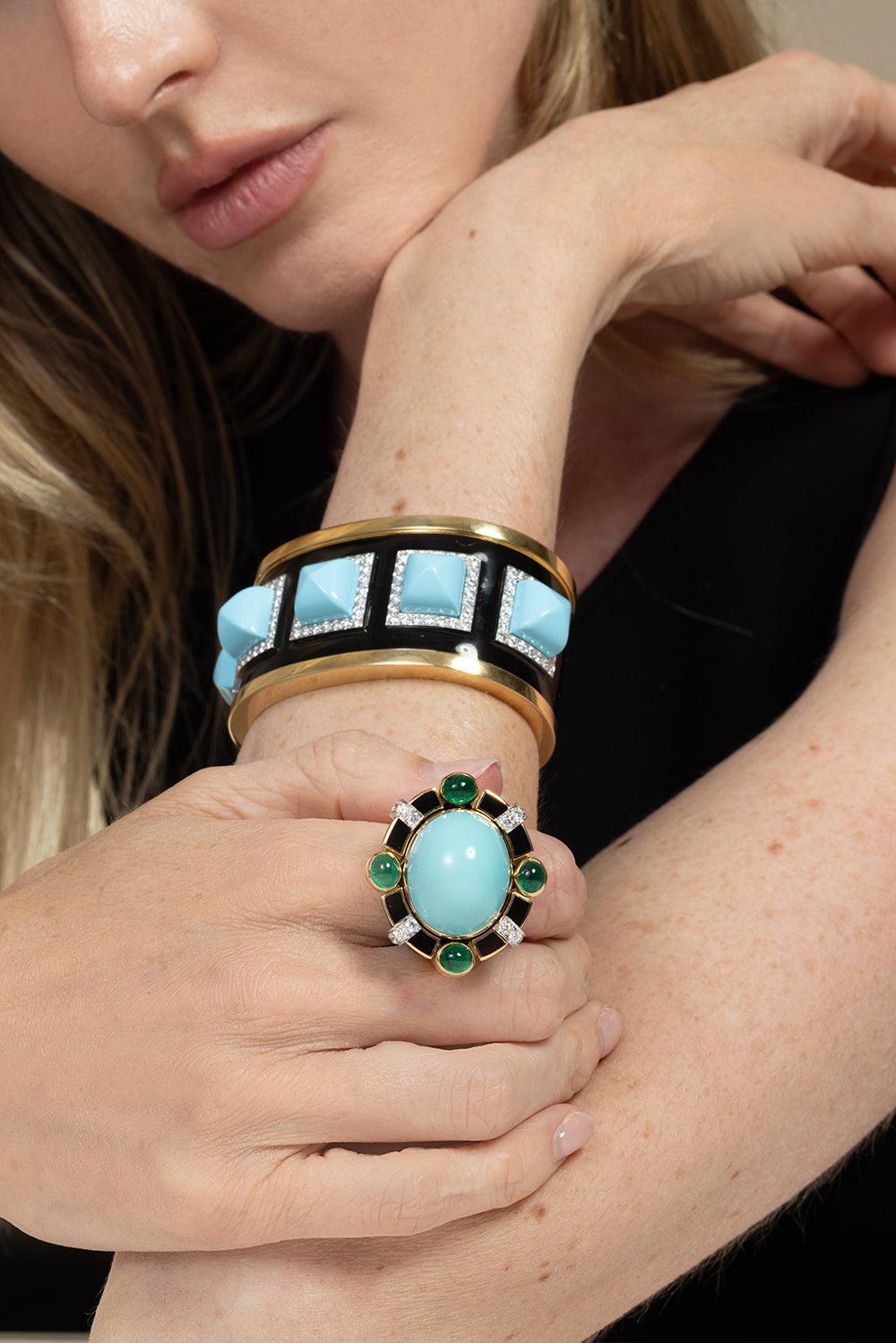 Turquoise Diamond Five Stone Bastille Cuff Bracelet-YELLOW GOLD-JEWELRYFINE JEWELBRACELET O-DAVID WEBB
