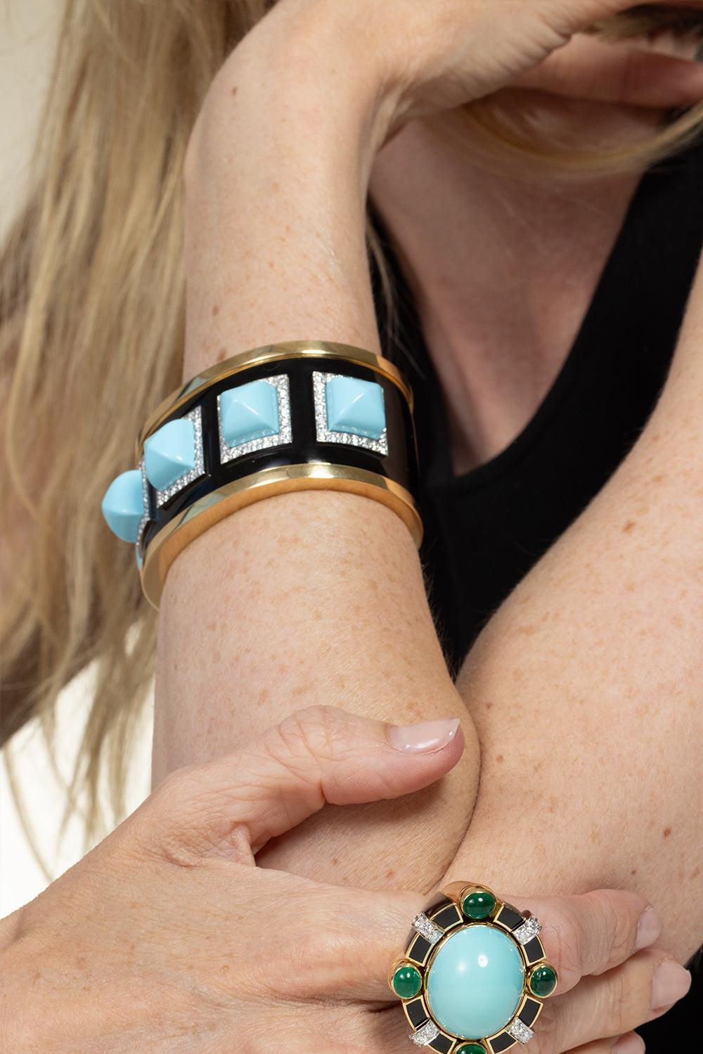 Turquoise Diamond Five Stone Bastille Cuff Bracelet-YELLOW GOLD-JEWELRYFINE JEWELBRACELET O-DAVID WEBB