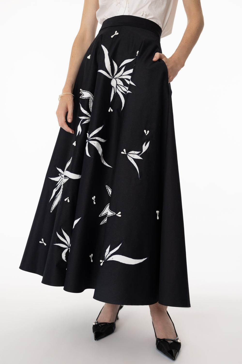 Embroidered Half Flared Skirt-DK BLUE-42-CLOTHINGSKIRTMIDI-MANTU