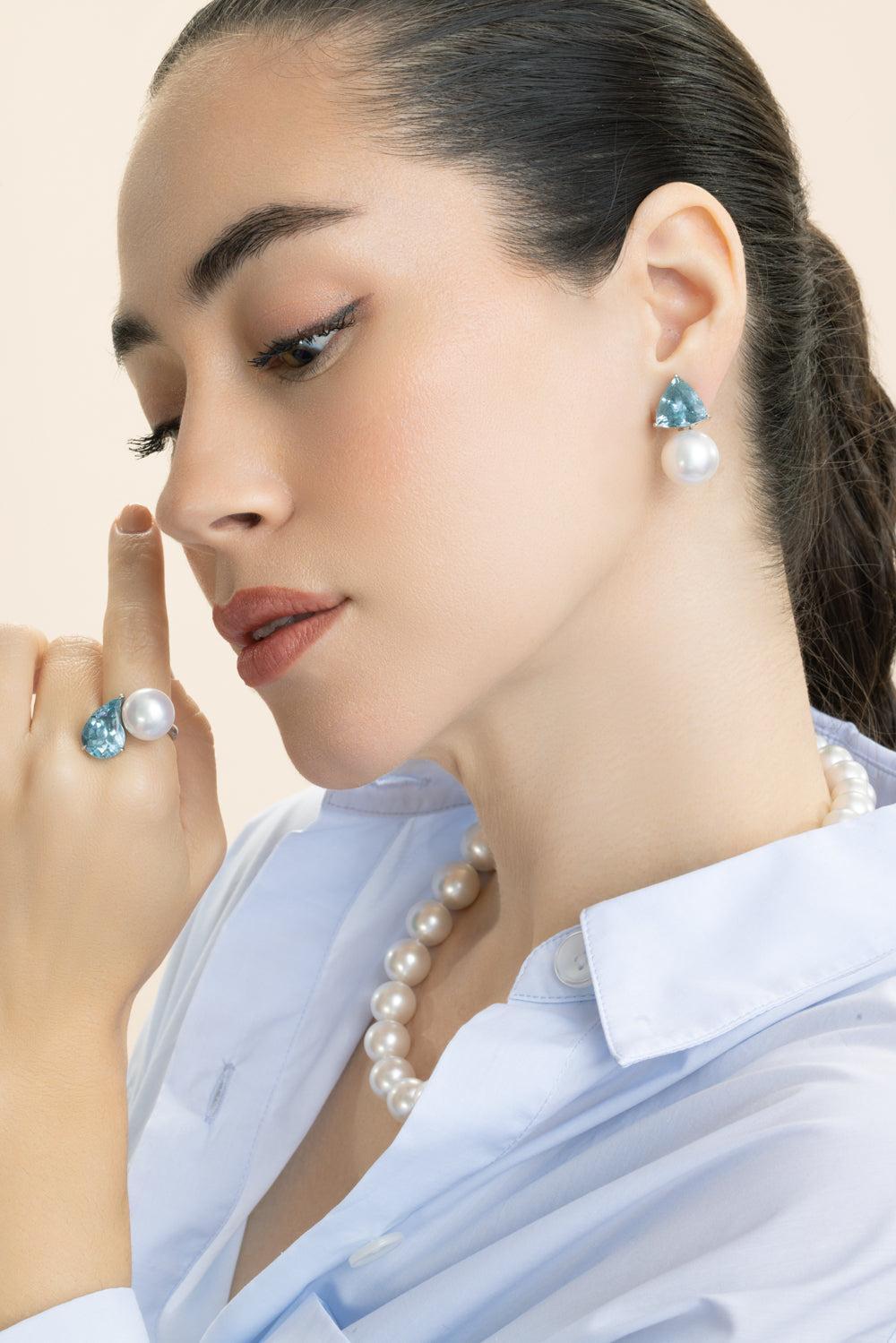 Aquamarine South Sea Cultured Pearl Earrings-PLATINUM-JEWELRYFINE JEWELEARRING-ASSAEL