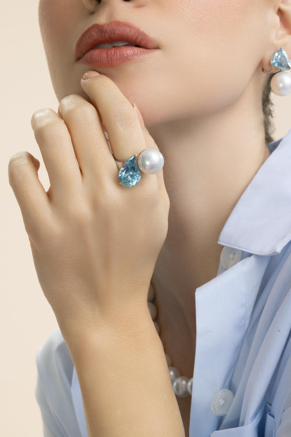 Aquamarine South Sea Pearl Button Ring-PLATINUM-6-JEWELRYFINE JEWELRING-ASSAEL