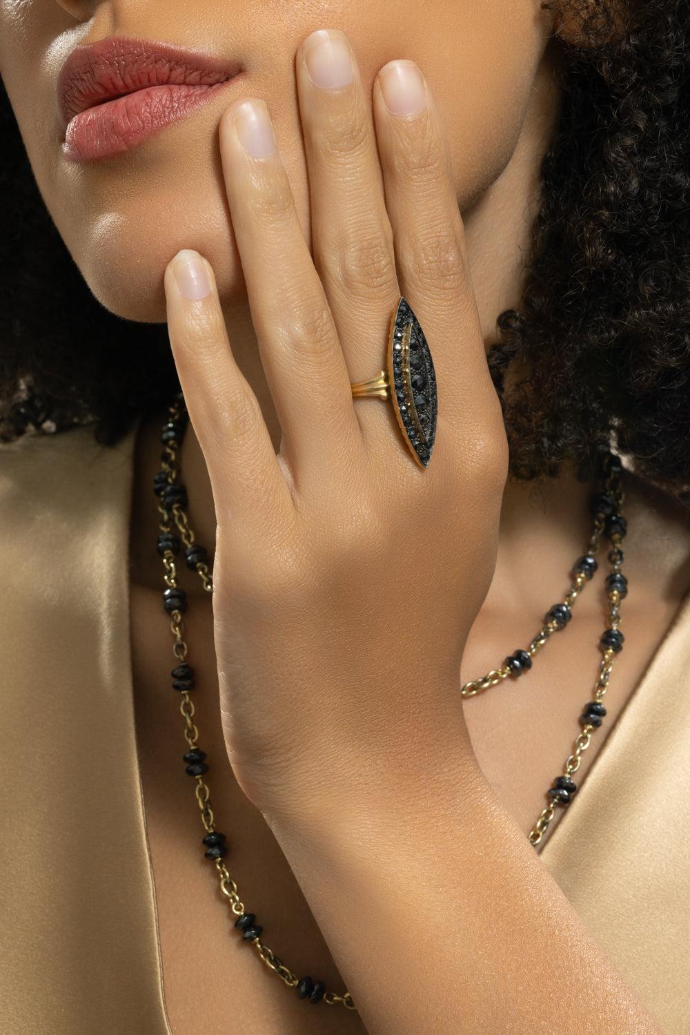 Black Diamond Marquise Victoria Ring-YELLOW GOLD-6.5-JEWELRYFINE JEWELRING-SYLVA & CIE