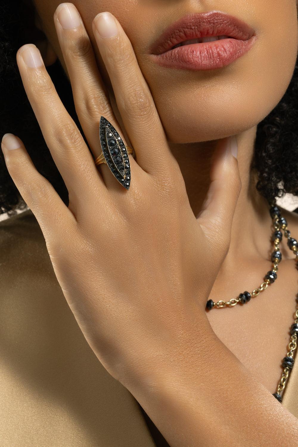 Black Diamond Marquise Victoria Ring-YELLOW GOLD-6.5-JEWELRYFINE JEWELRING-SYLVA & CIE