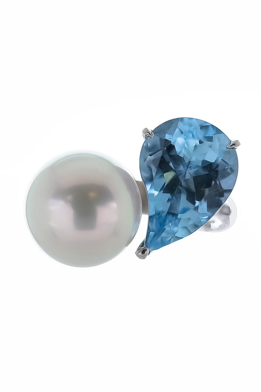 Aquamarine South Sea Pearl Button Ring-PLATINUM-6-JEWELRYFINE JEWELRING-ASSAEL