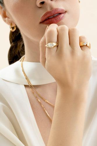 Diamond Orbit Pinky Ring-YELLOW GOLD-4-JEWELRYFINE JEWELRING-LORAIDA