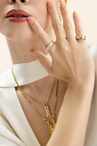 Diamond Orbit Pinky Ring-YELLOW GOLD-4-JEWELRYFINE JEWELRING-LORAIDA