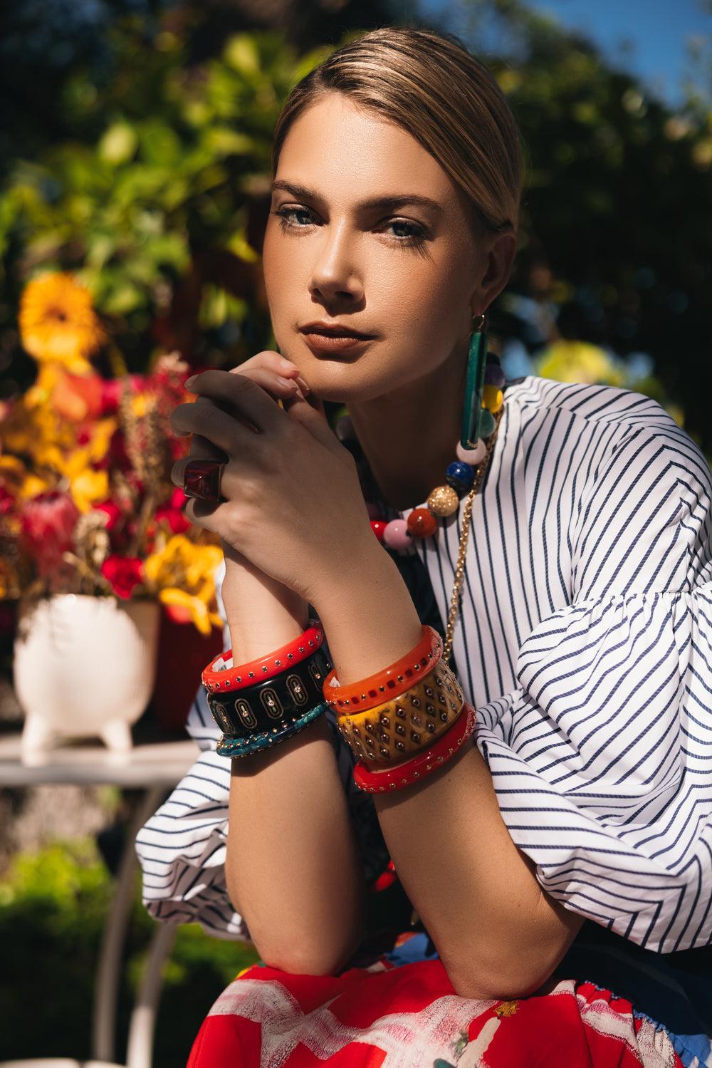 White Topaz Garnet Black Bakelite Bangle-YELLOW GOLD-JEWELRYFINE JEWELBRACELET O-MARK DAVIS