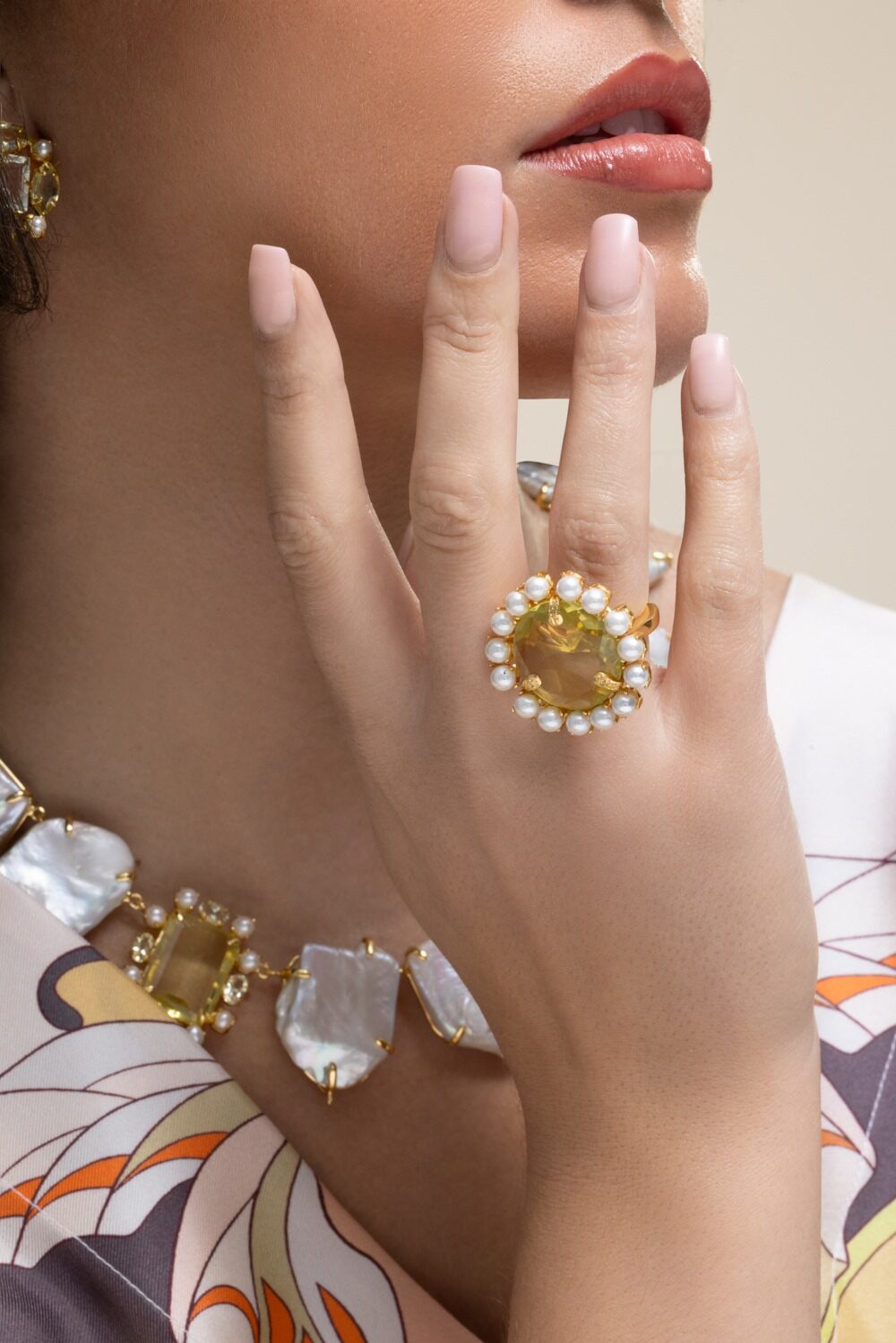 Lemon Quartz Pearl Aurea Ring-YELLOW-5.25-JEWELRYFINE JEWELRING-BOUNKIT JEWELRY