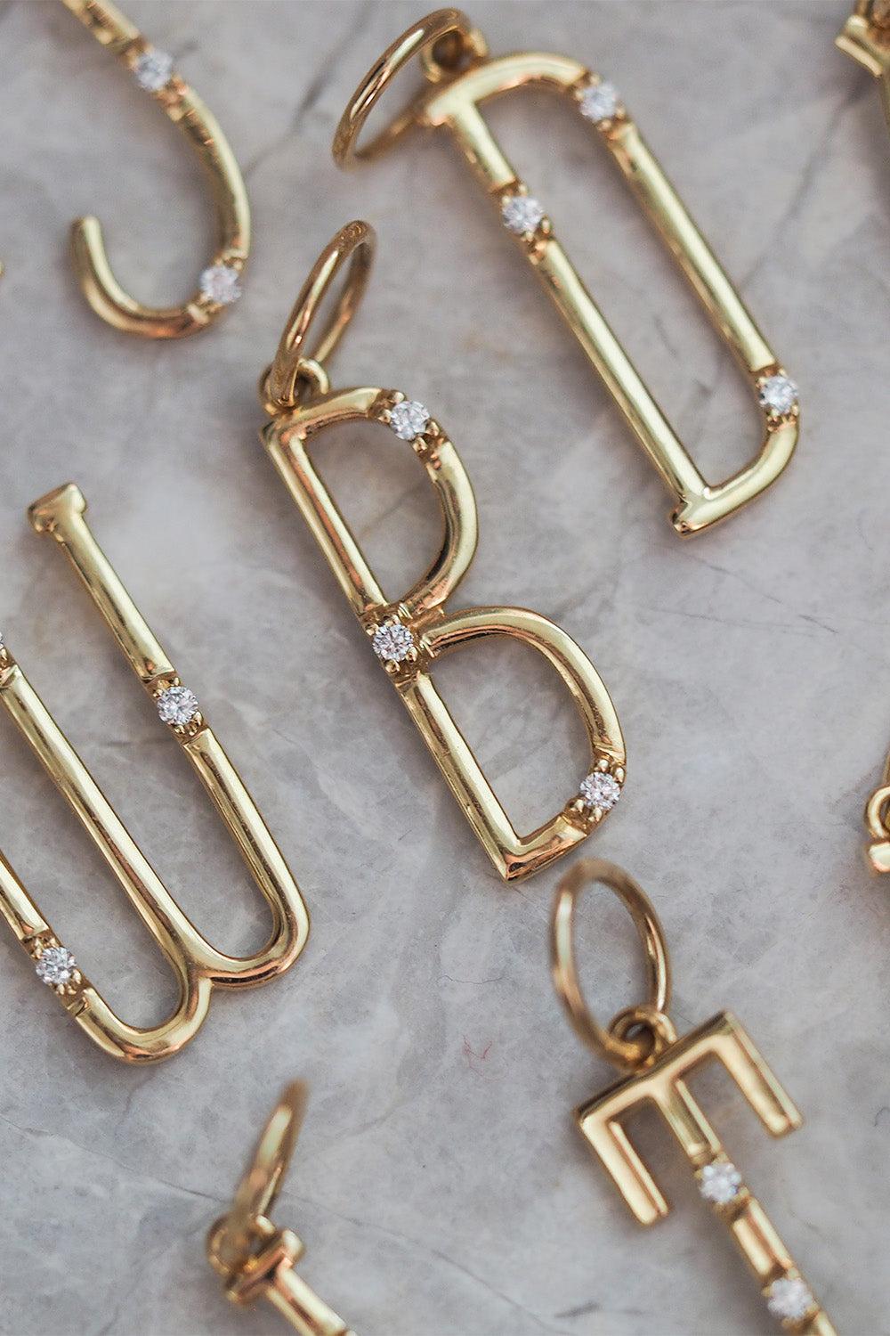 Diamond Letter Charm-YELLOW GOLD-B-JEWELRYFINE JEWELPENDANT-DEVON WOODHILL