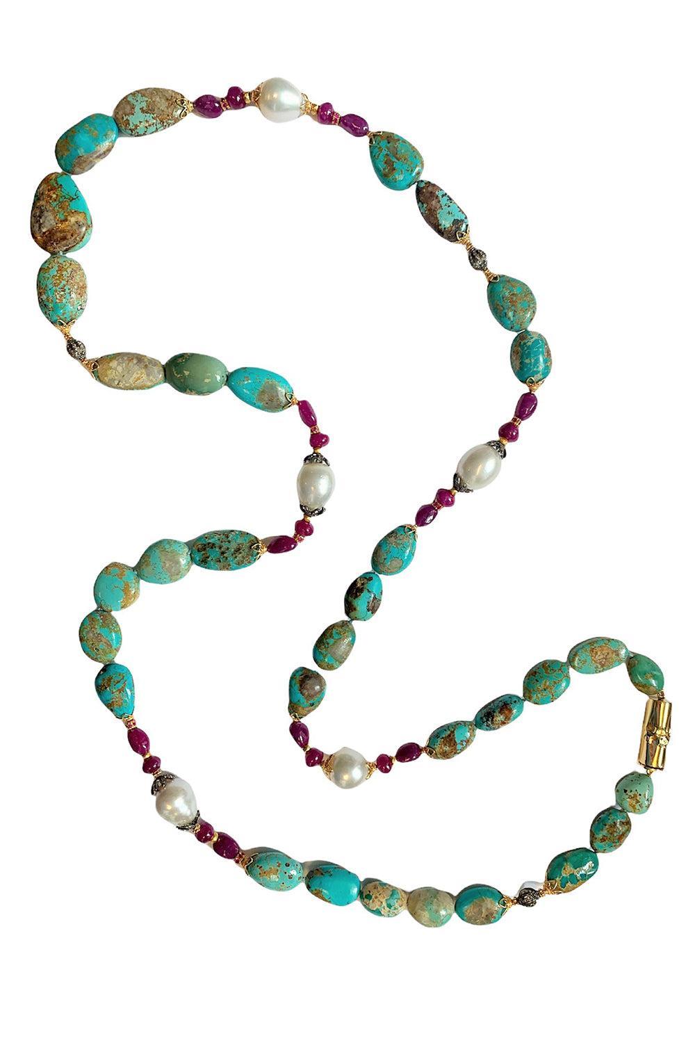 Turquoise Ruby Pearl Diamond Byzantine Necklace-YELLOW GOLD-43.5-JEWELRYFINE JEWELNECKLACE O-VERDURA