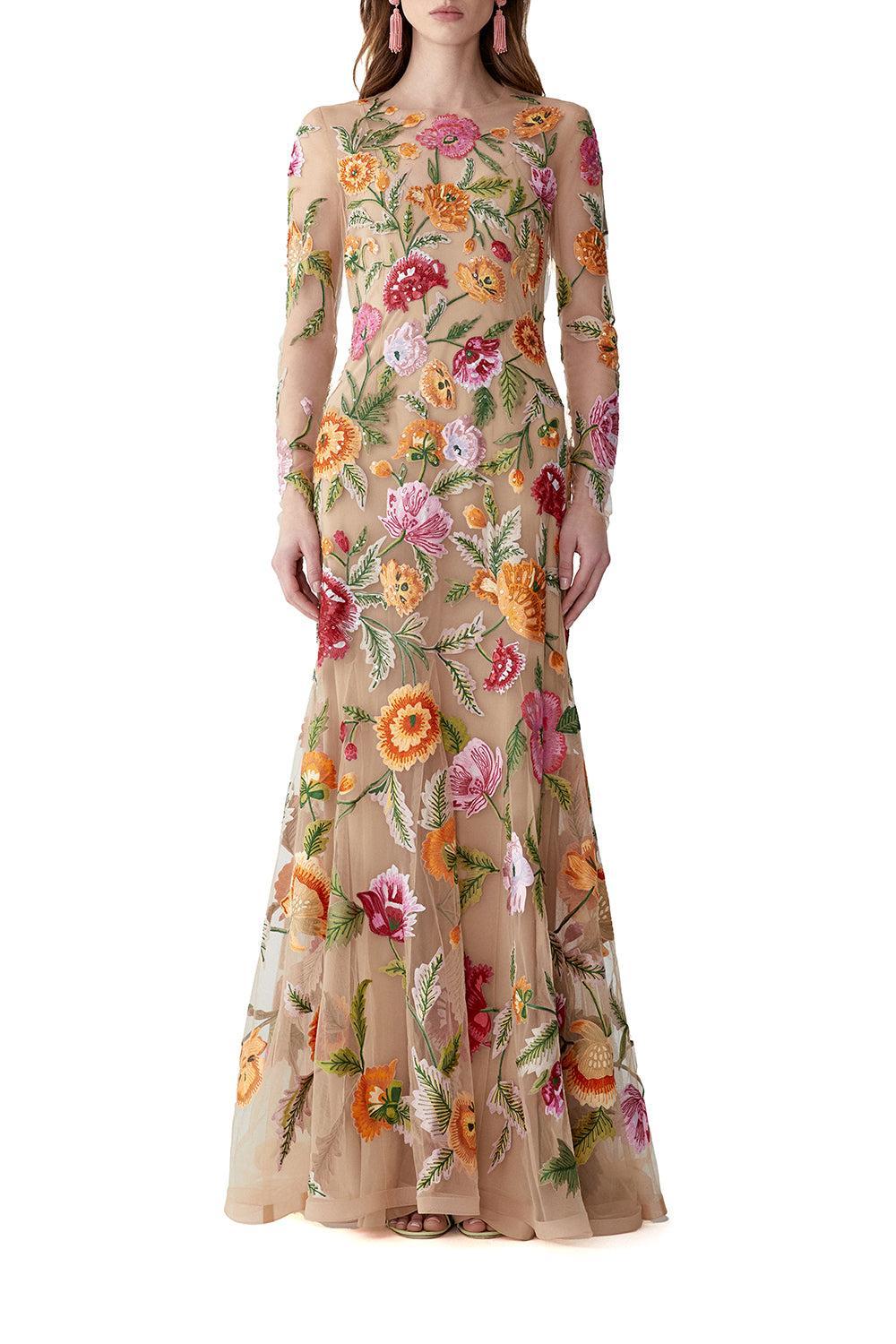 Long Sleeve Embroidered Gown-NUDE-6-CLOTHINGDRESSGOWN-CAROLINA HERRERA