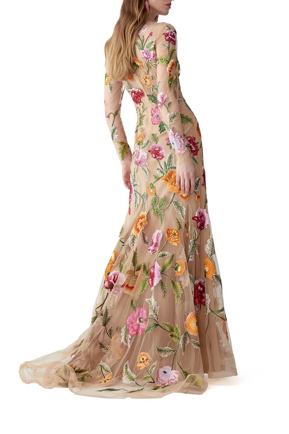 Long Sleeve Embroidered Gown-NUDE-6-CLOTHINGDRESSGOWN-CAROLINA HERRERA