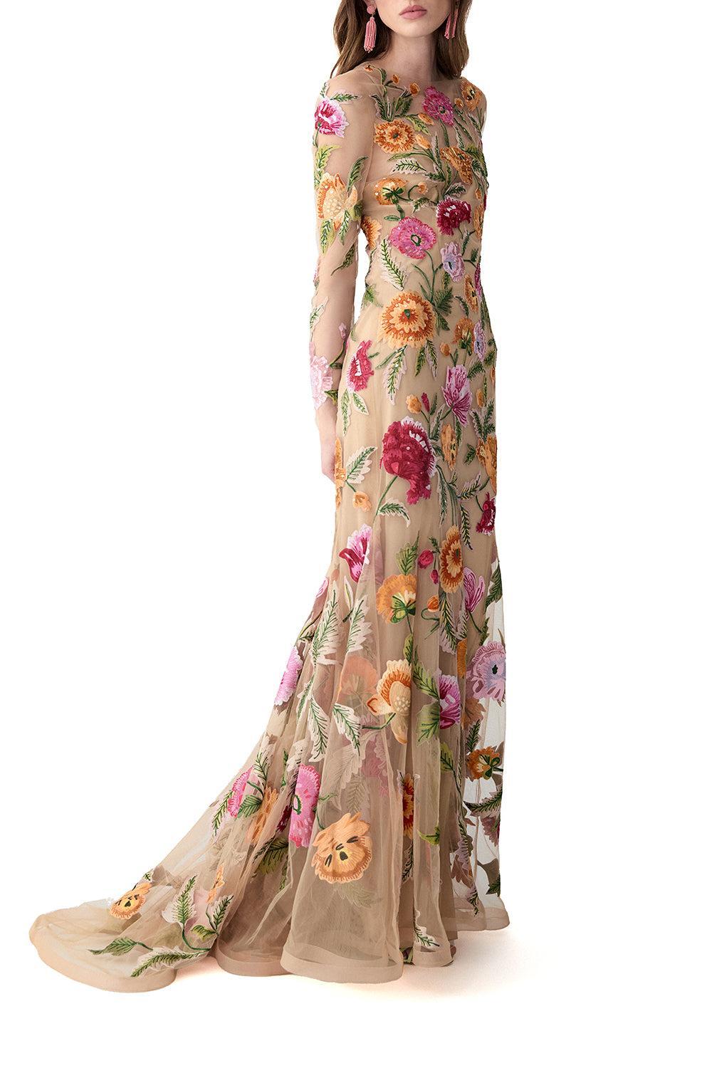 Long Sleeve Embroidered Gown-NUDE-6-CLOTHINGDRESSGOWN-CAROLINA HERRERA