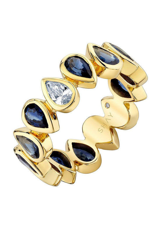 Blue Sapphire Diamond Pear Bezel Band Ring-YELLOW GOLD-6.5-JEWELRYFINE JEWELRING-SHAY JEWELRY