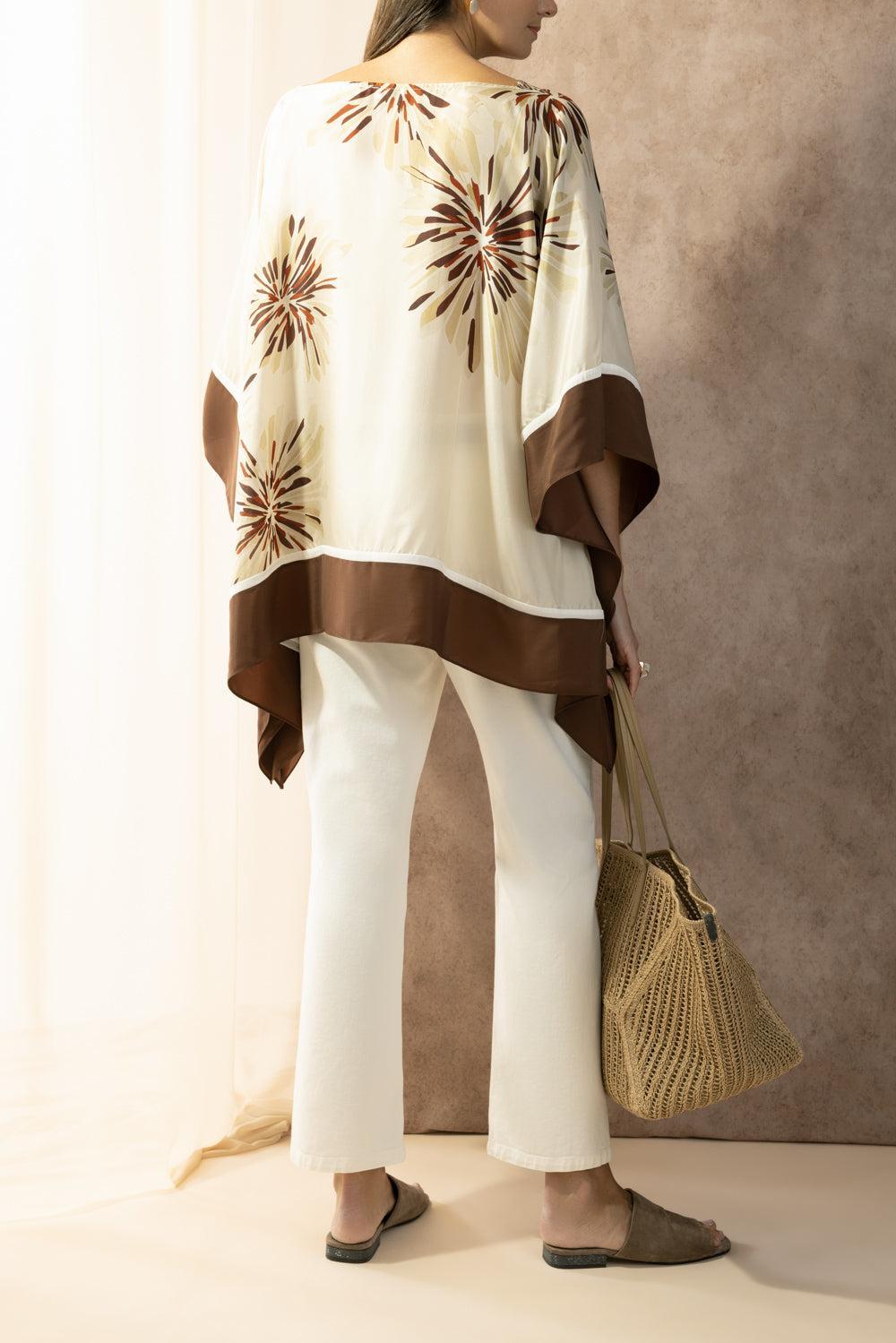 Bloom Print Poncho Top-BROWN-XS-CLOTHINGTOPBLOUSE-BRUNELLO CUCINELLI