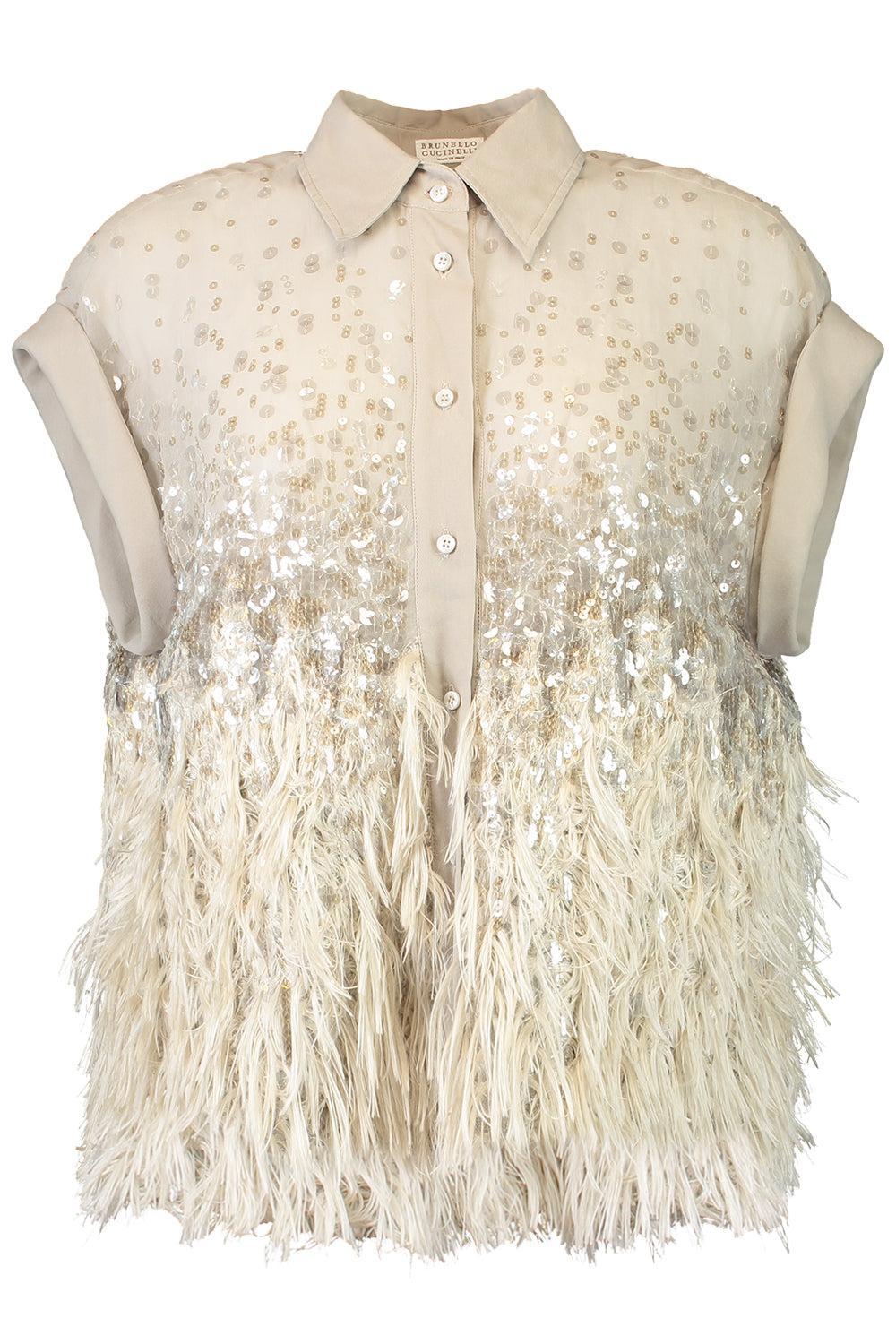 Short Sleeve Degrade Embellished Shirt-BROWN-XS-CLOTHINGTOPBLOUSE-BRUNELLO CUCINELLI