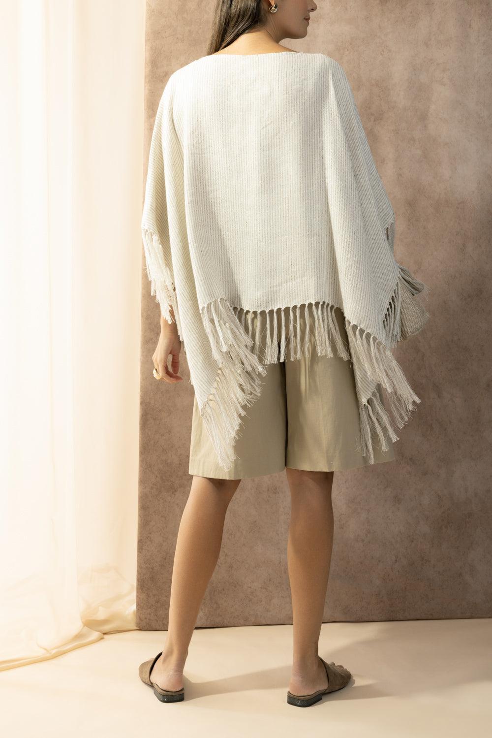 Stripe Fringe Poncho-BROWN-O/S-CLOTHINGTOPPONCHO-BRUNELLO CUCINELLI