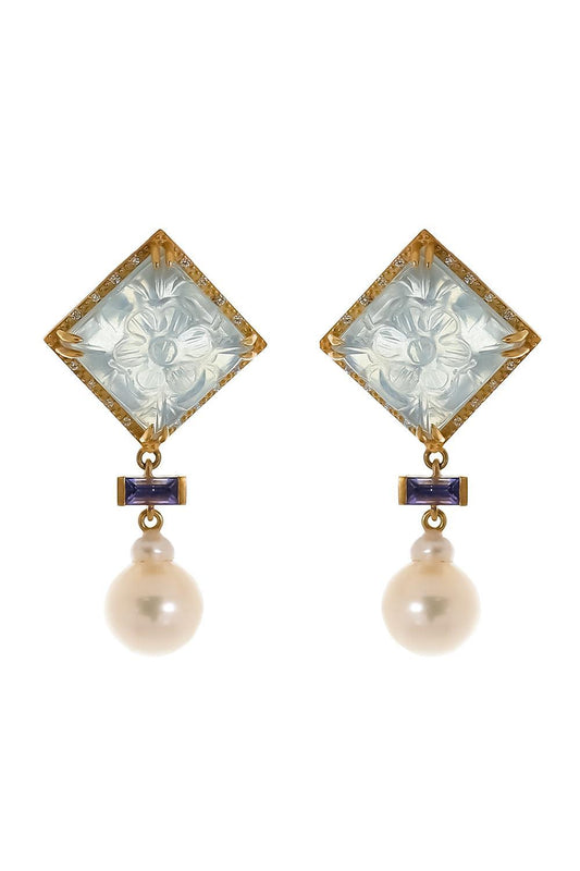 Aquamarine Pearl Drop Carved Earrings-YELLOW GOLD-JEWELRYFINE JEWELEARRING-COOMI