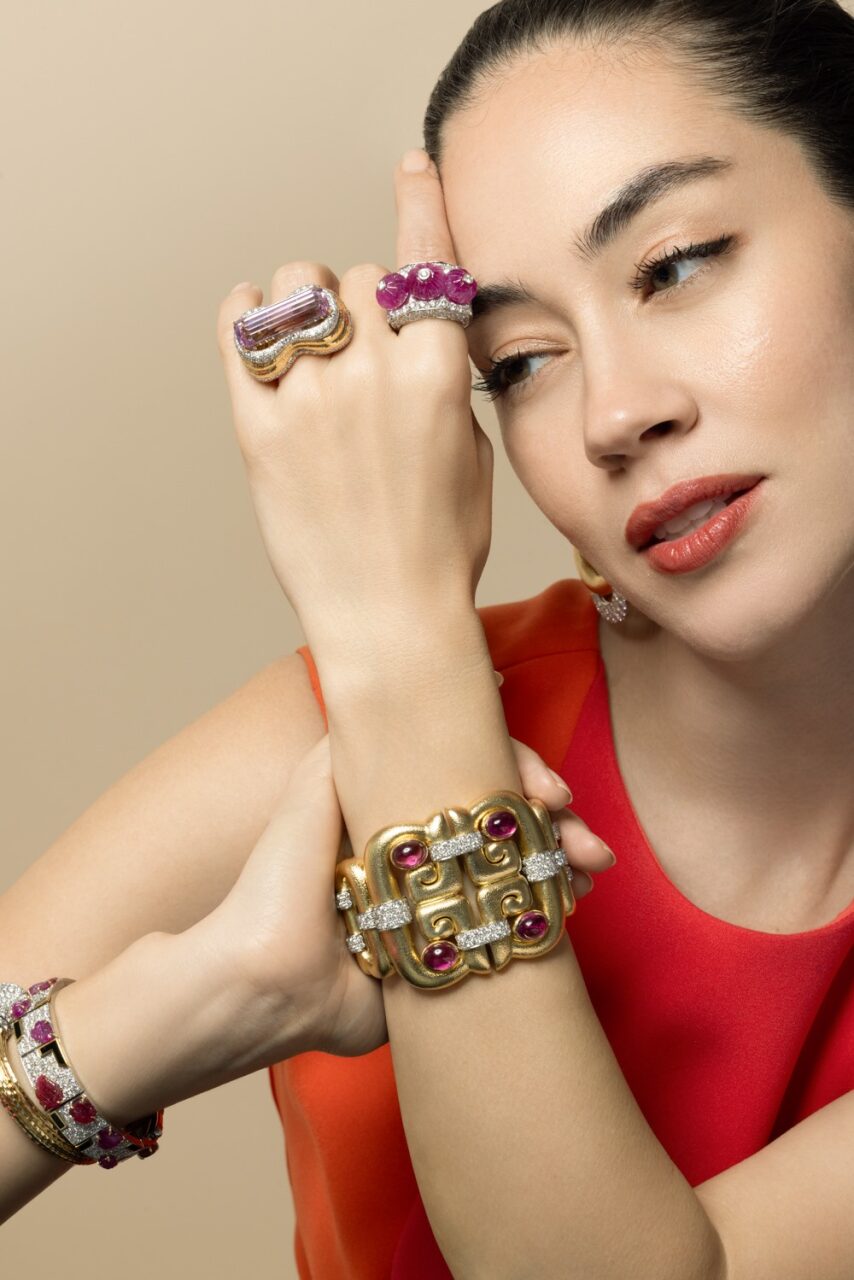 Diamond Rubellite Open Scroll Cuff Bracelet-YELLOW GOLD-JEWELRYFINE JEWELBRACELET O-DAVID WEBB