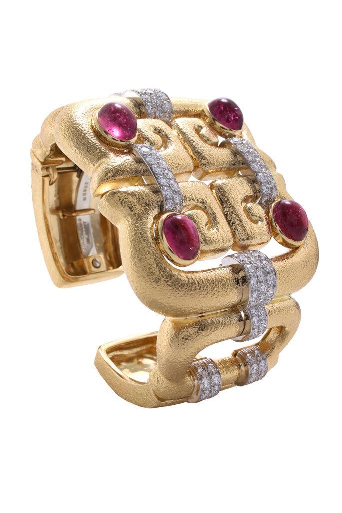 Diamond Rubellite Open Scroll Cuff Bracelet-YELLOW GOLD-JEWELRYFINE JEWELBRACELET O-DAVID WEBB