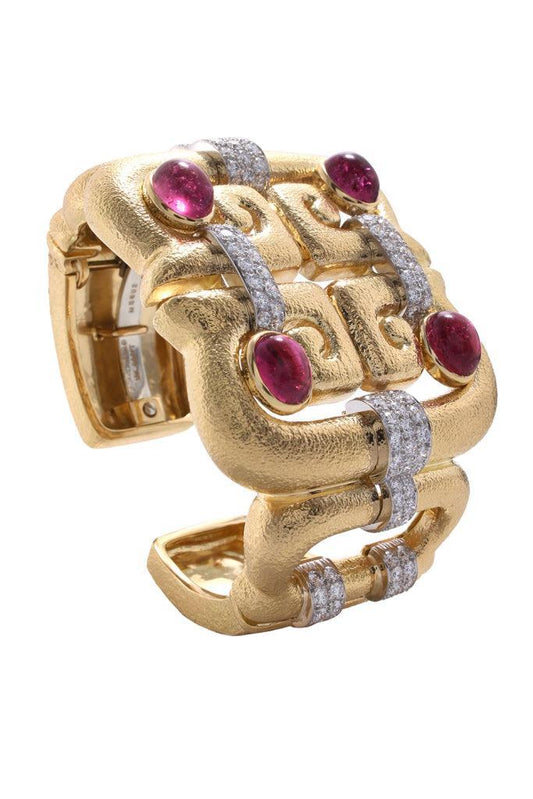 Diamond Rubellite Open Scroll Cuff Bracelet-YELLOW GOLD-JEWELRYFINE JEWELBRACELET O-DAVID WEBB