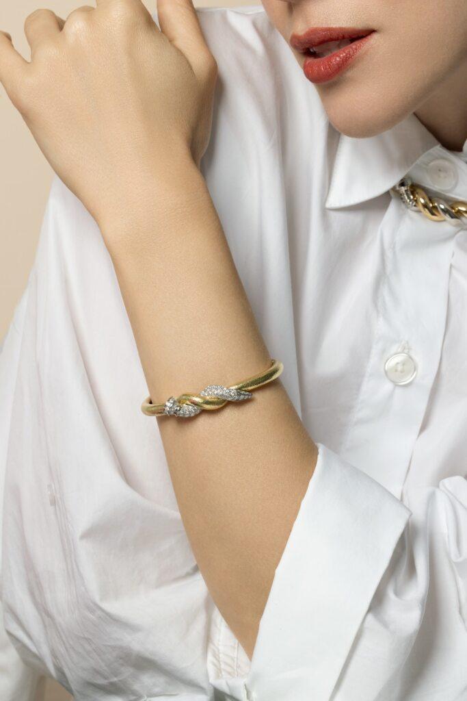 Diamond Two Tone Hammered Nail Cuff Bracelet-YELLOW GOLD-JEWELRYFINE JEWELBRACELET O-DAVID WEBB