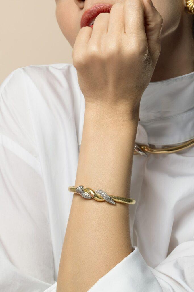 Diamond Two Tone Hammered Nail Cuff Bracelet-YELLOW GOLD-JEWELRYFINE JEWELBRACELET O-DAVID WEBB