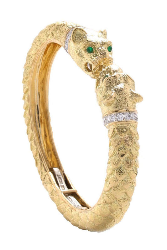 Diamond Emerald Greek Lion Cuff Bracelet-YLWOLD-JEWELRYFINE JEWELBRACELET O-DAVID WEBB