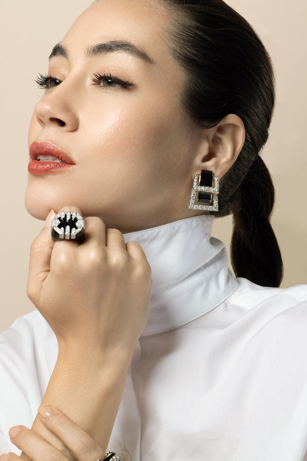 Diamond Black Strap Earrings-YELLOW GOLD-JEWELRYFINE JEWELEARRING-DAVID WEBB