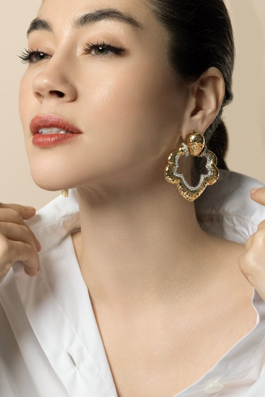 Diamond Hammered Gothic Doorknocker Earrings-YELLOW GOLD-JEWELRYFINE JEWELEARRING-DAVID WEBB