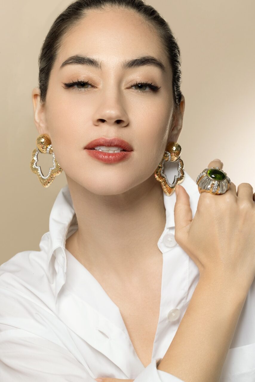 Diamond Hammered Gothic Doorknocker Earrings-YELLOW GOLD-JEWELRYFINE JEWELEARRING-DAVID WEBB