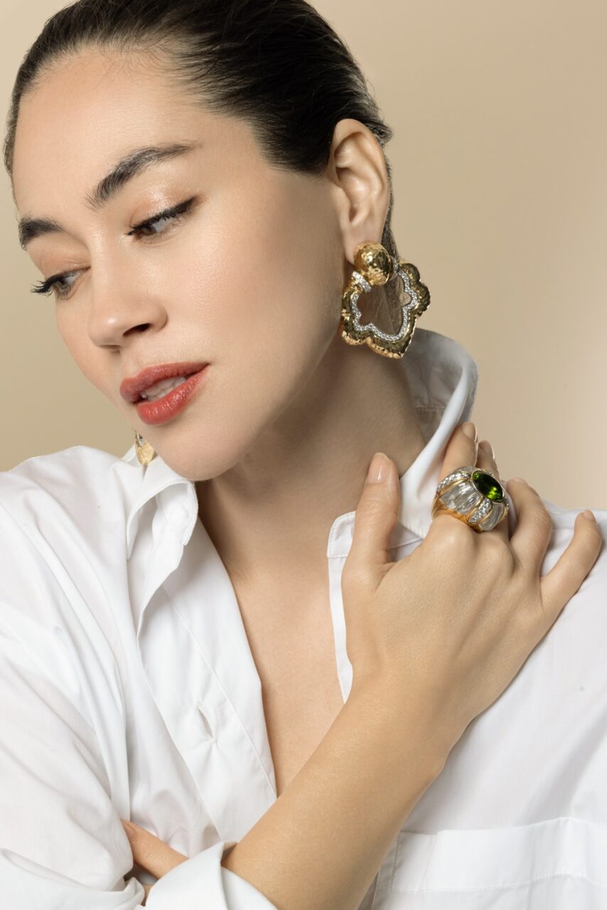 Diamond Hammered Gothic Doorknocker Earrings-YELLOW GOLD-JEWELRYFINE JEWELEARRING-DAVID WEBB