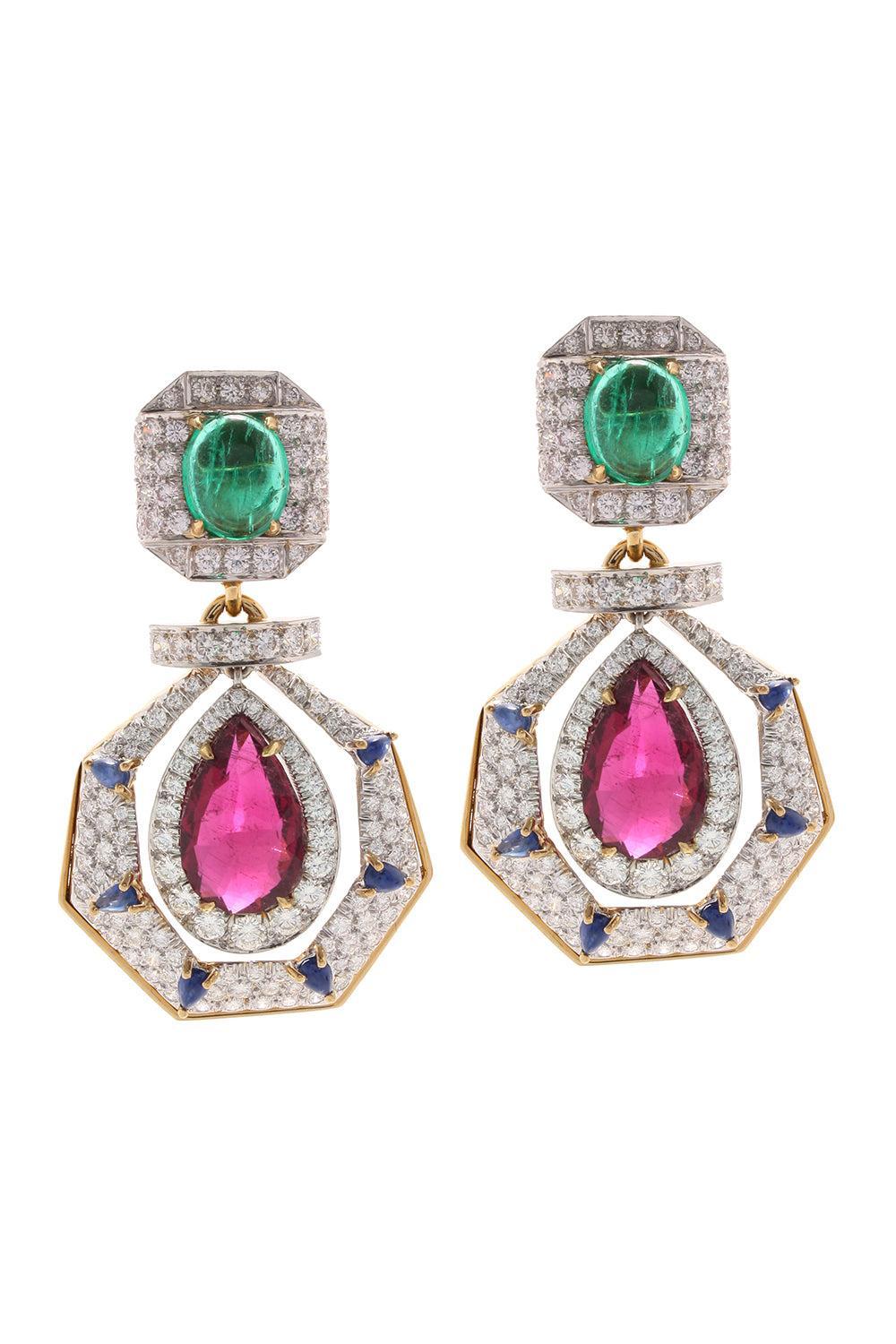 Emerald Sapphire Cross River Earrings-YELLOW GOLD-JEWELRYFINE JEWELEARRING-DAVID WEBB