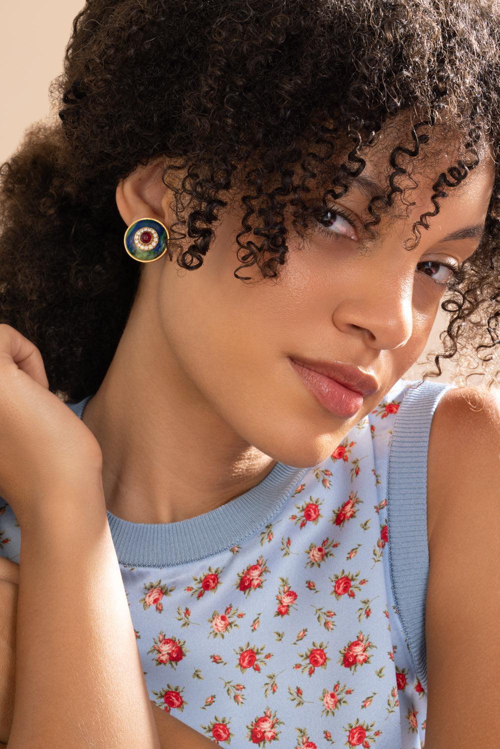 Ruby Diamond Azuremalachite Centric Earrings-YELLOW GOLD-JEWELRYFINE JEWELEARRING-DAVID WEBB