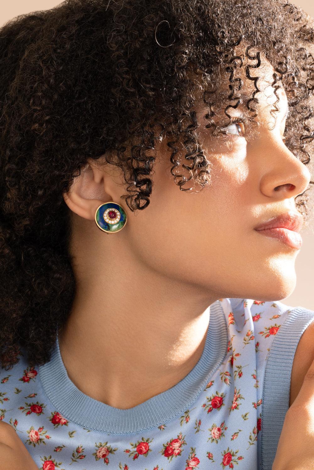 Ruby Diamond Azuremalachite Centric Earrings-YELLOW GOLD-JEWELRYFINE JEWELEARRING-DAVID WEBB