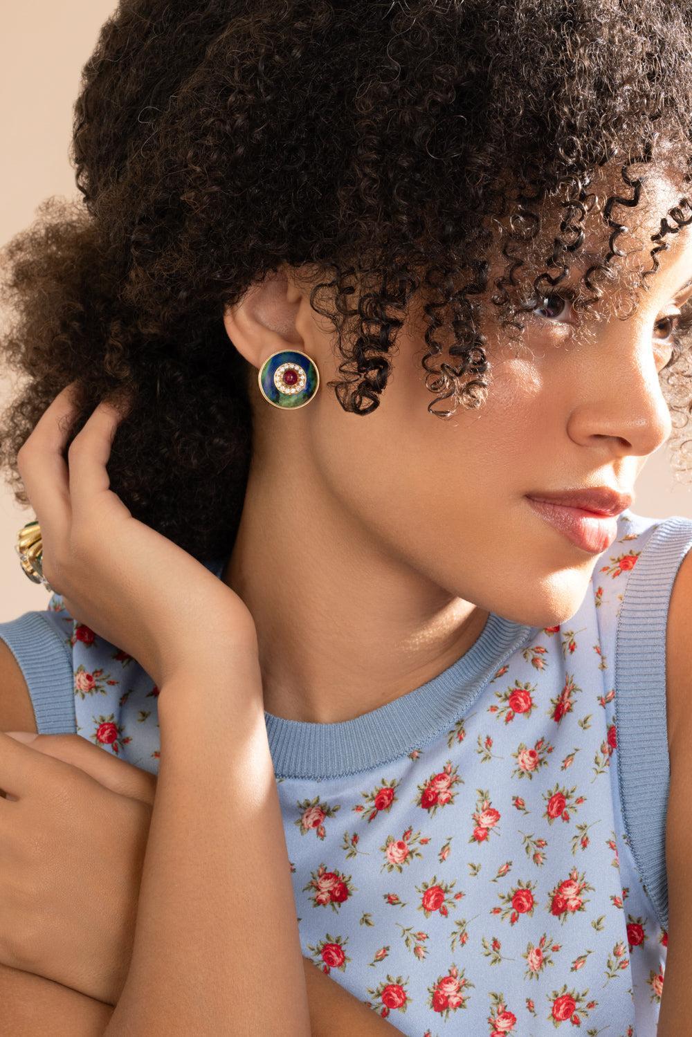 Ruby Diamond Azuremalachite Centric Earrings-YELLOW GOLD-JEWELRYFINE JEWELEARRING-DAVID WEBB