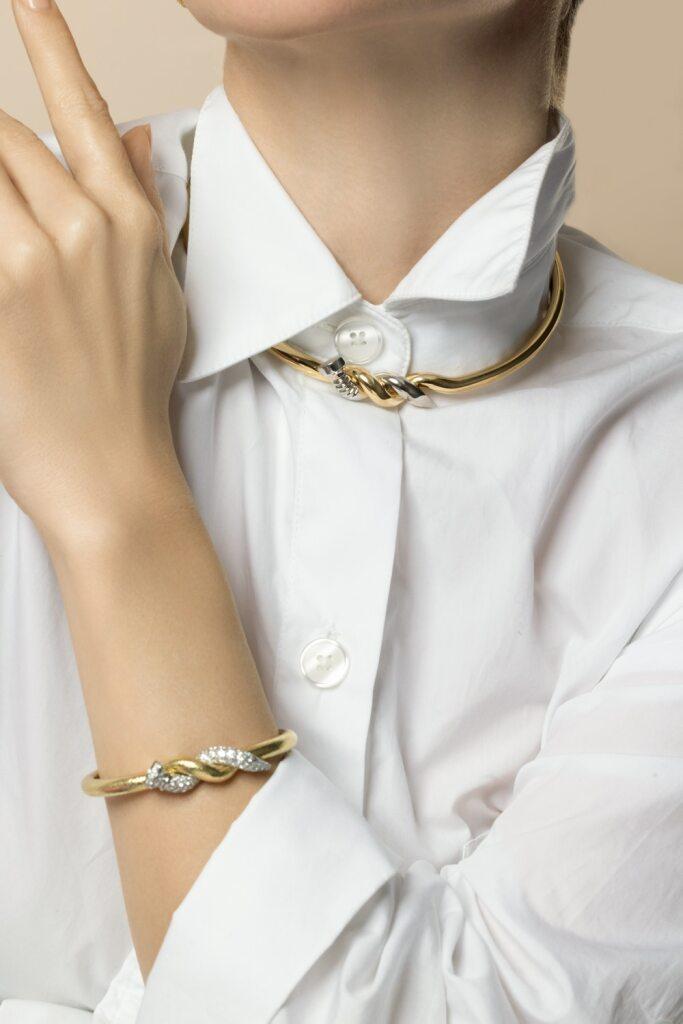 Two Tone Twisted Nail Collar Necklace-YELLOW GOLD-JEWELRYFINE JEWELNECKLACE O-DAVID WEBB