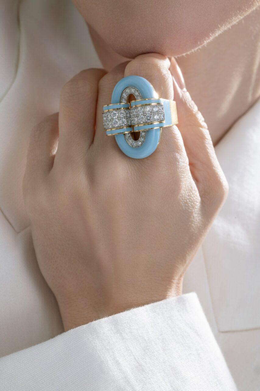 Diamond Light Blue Oval Buckle Ring-YELLOW GOLD-5-JEWELRYFINE JEWELRING-DAVID WEBB