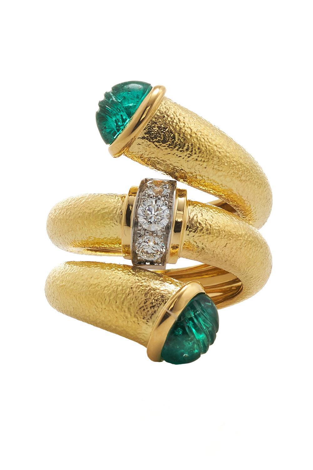 Emerald Hammered Carved Pipe Ring-YELLOW GOLD-6.5-JEWELRYFINE JEWELRING-DAVID WEBB